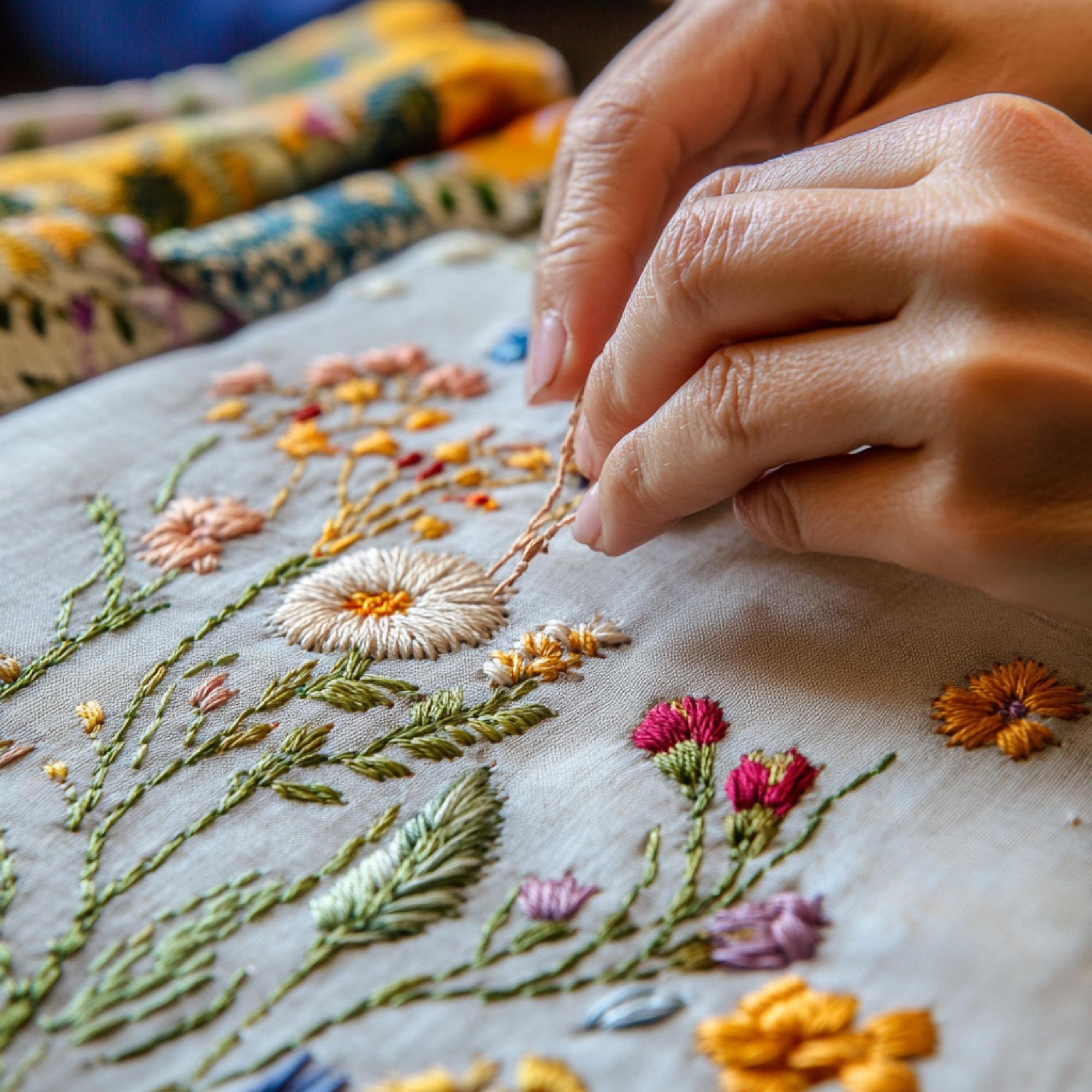 woman hand embroidering floral pattern on fabric